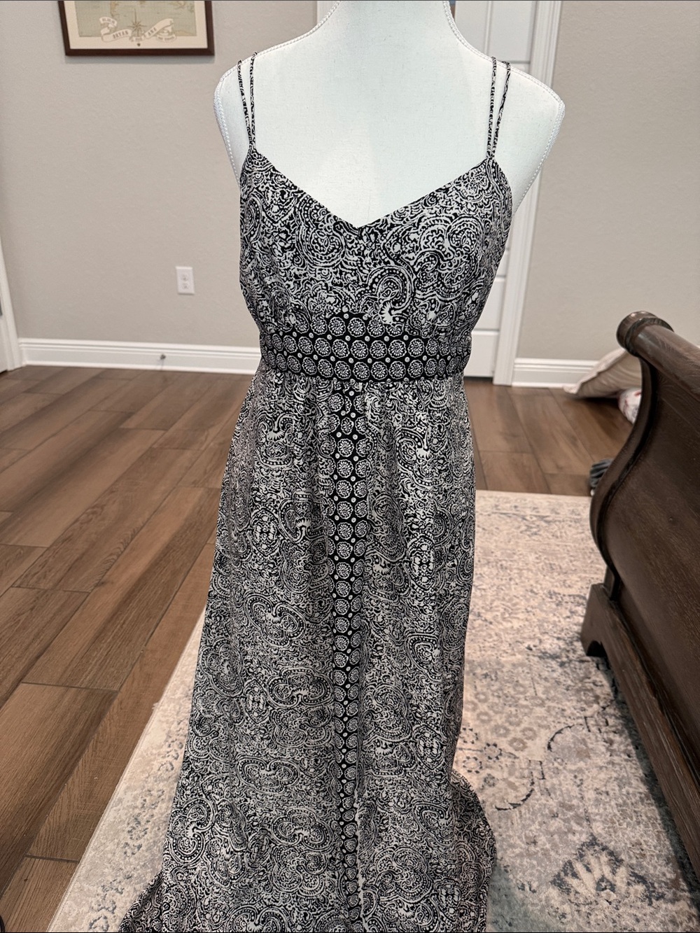 LOFT Black and White Paisley Maxi Dress with Spaghetti Straps